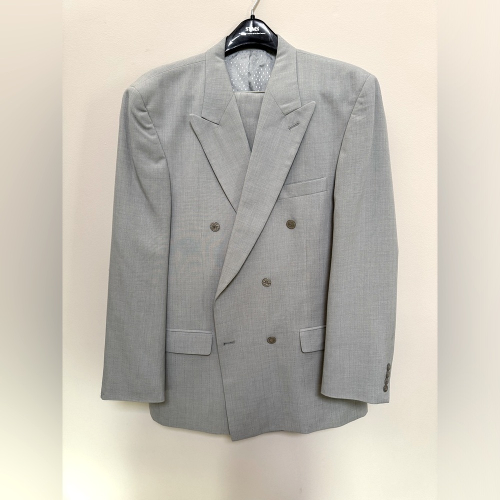 Gray w/lavender lines, size 44/38L 2 piece suit (pants/jacket).